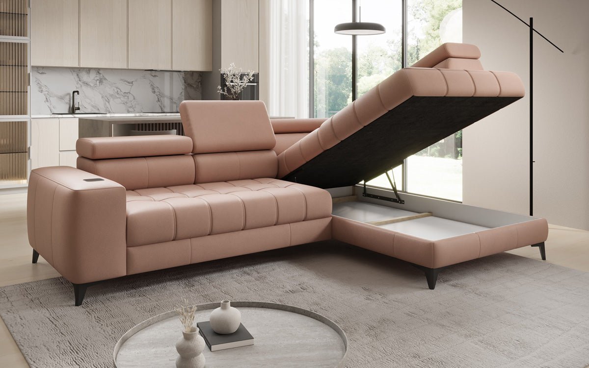 Canapé d'angle Designer L Seluna avec fonction de couchage électrique, induction et rangement en cuir véritable