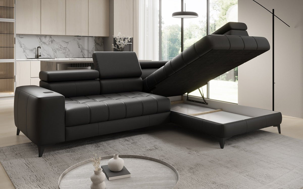 Canapé d'angle Designer L Seluna avec fonction de couchage électrique, induction et rangement en cuir véritable