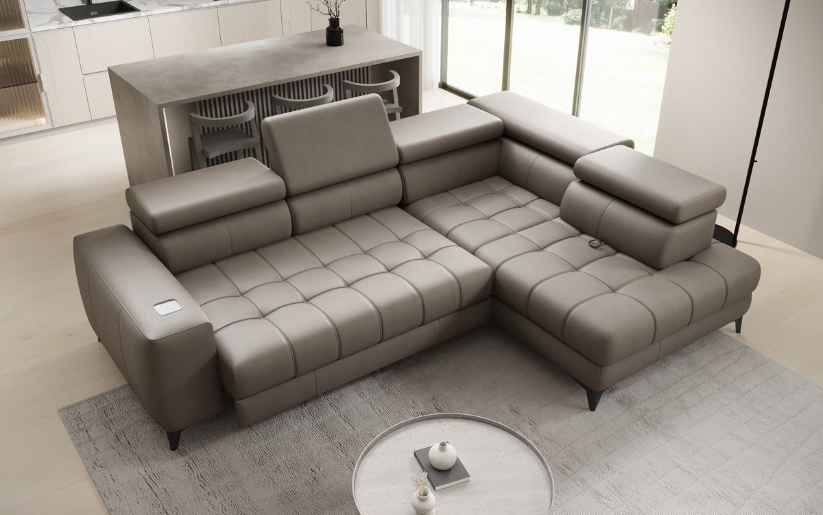 Canapé d'angle Designer L Seluna avec fonction de couchage électrique, induction et rangement en cuir véritable