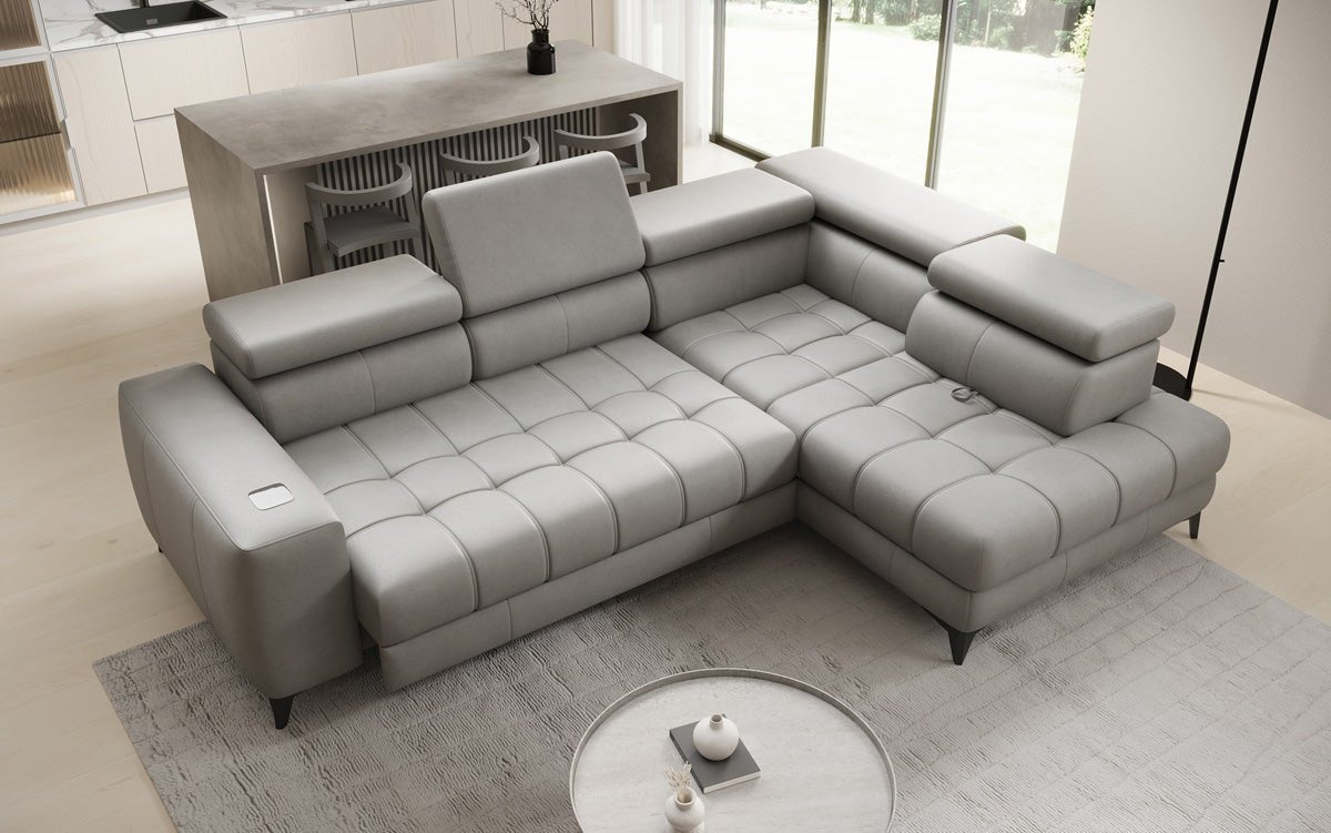Canapé d'angle Designer L Seluna avec fonction de couchage électrique, induction et rangement en cuir véritable