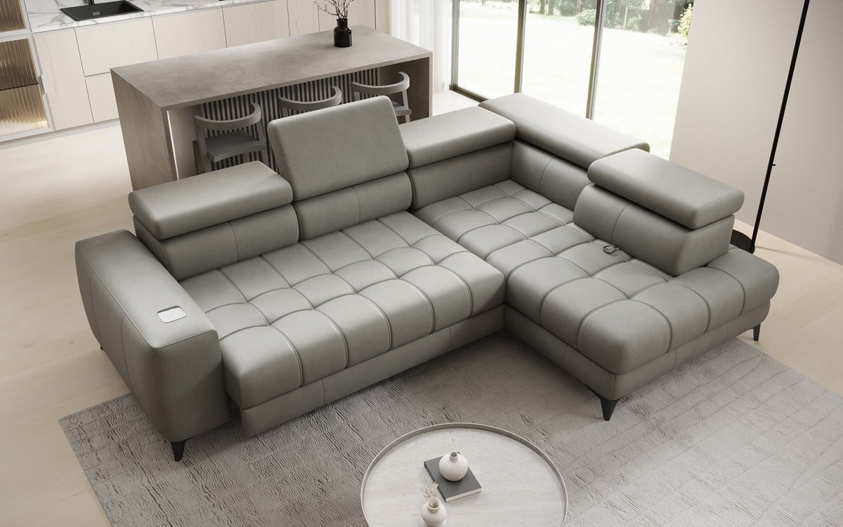 Canapé d'angle Designer L Seluna avec fonction de couchage électrique, induction et rangement en cuir véritable