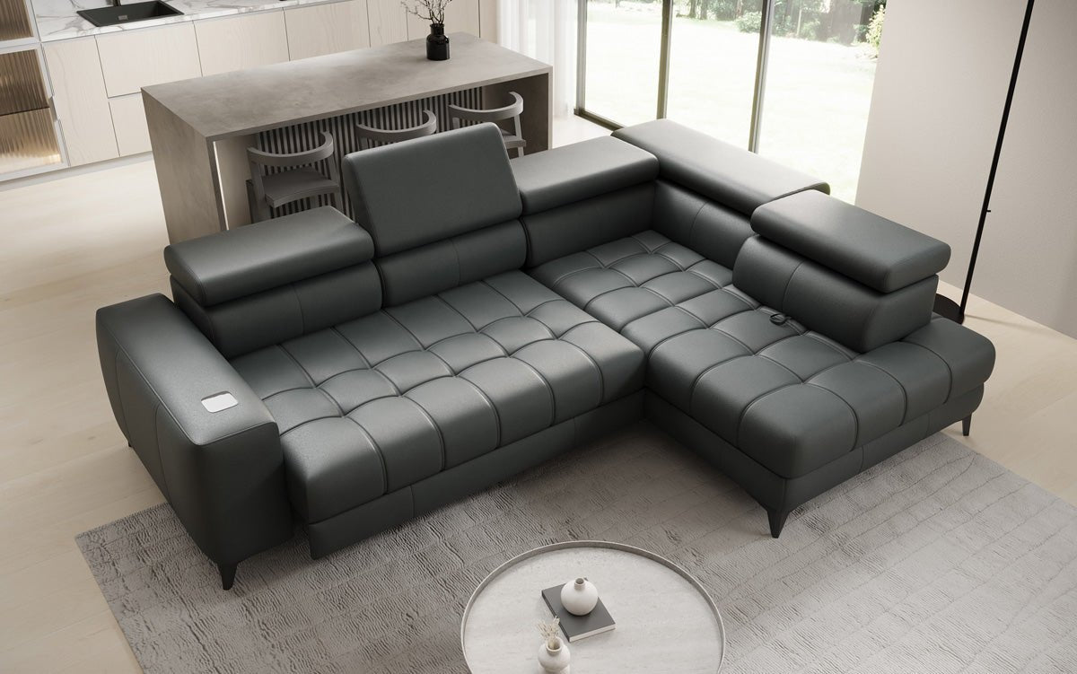 Canapé d'angle Designer L Seluna avec fonction de couchage électrique, induction et rangement en cuir véritable