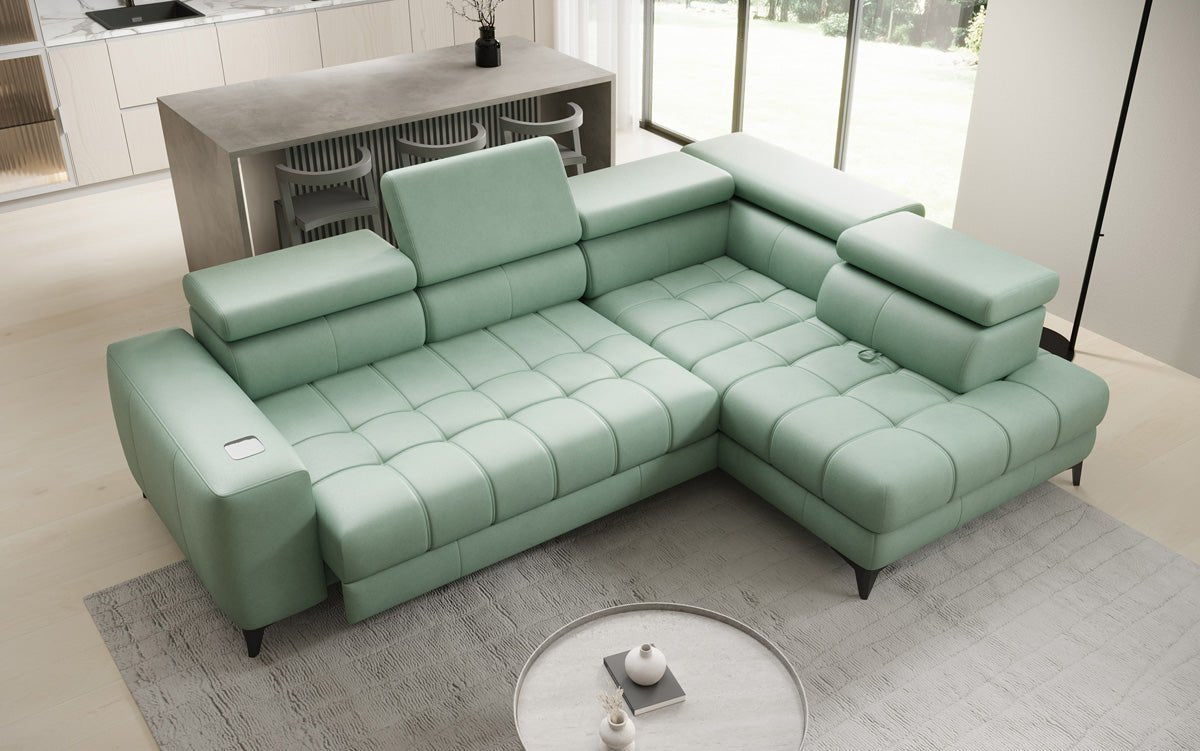 Canapé d'angle Designer L Seluna avec fonction de couchage électrique, induction et rangement en cuir véritable