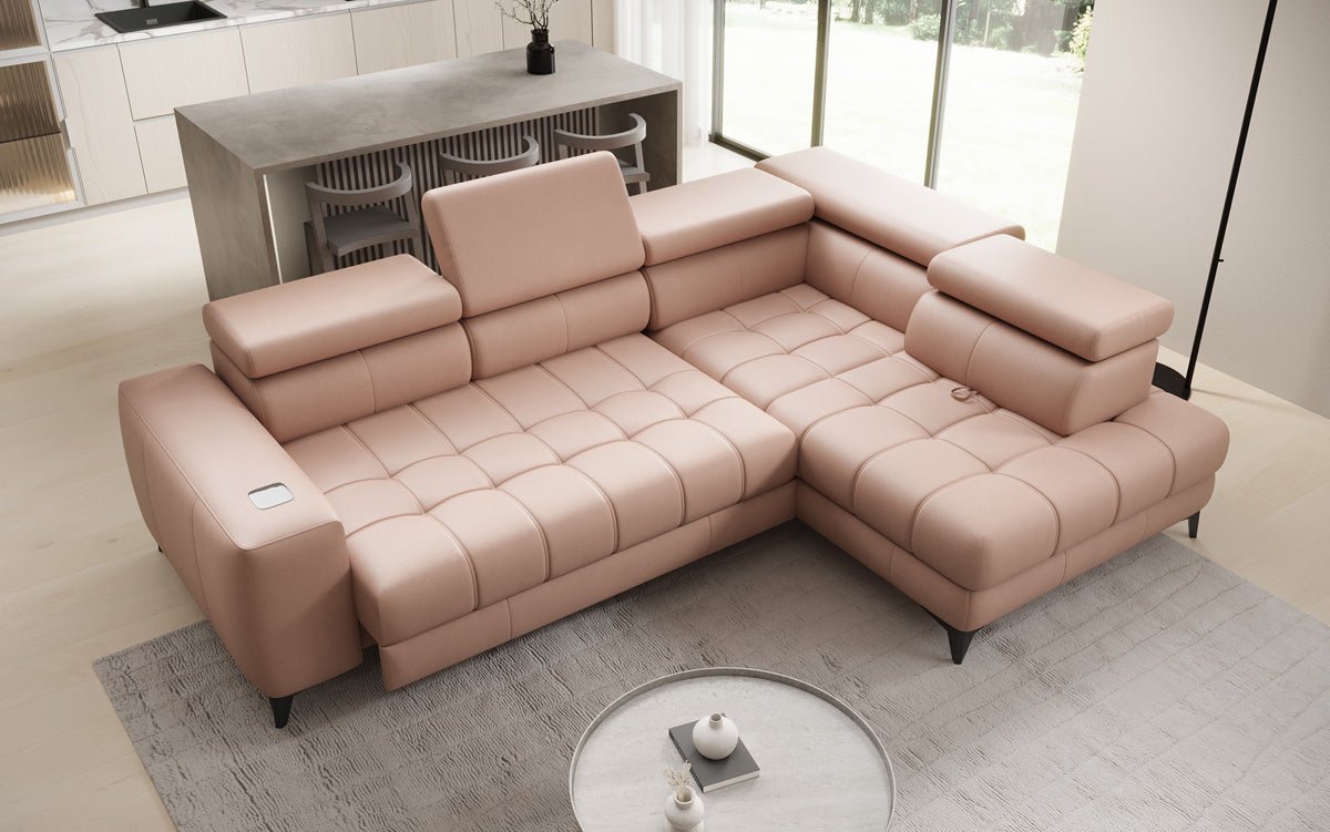 Canapé d'angle Designer L Seluna avec fonction de couchage électrique, induction et rangement en cuir véritable
