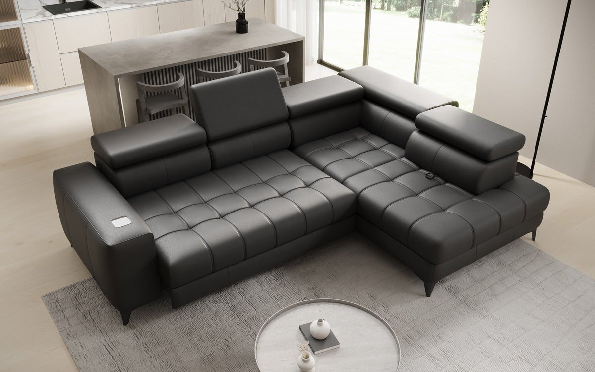 Canapé d'angle Designer L Seluna avec fonction de couchage électrique, induction et rangement en cuir véritable