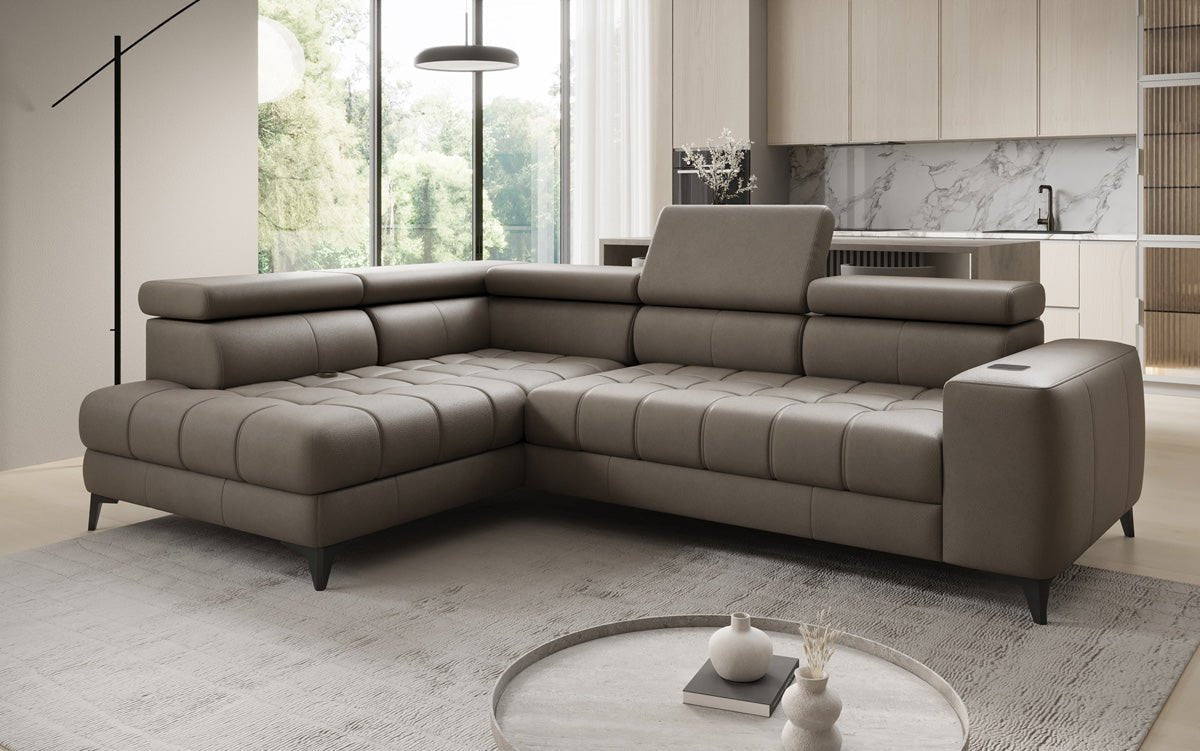 Canapé d'angle Designer L Seluna avec fonction de couchage électrique, induction et rangement en cuir véritable