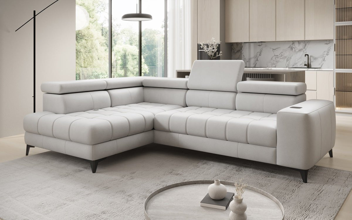 Canapé d'angle Designer L Seluna avec fonction de couchage électrique, induction et rangement en cuir véritable