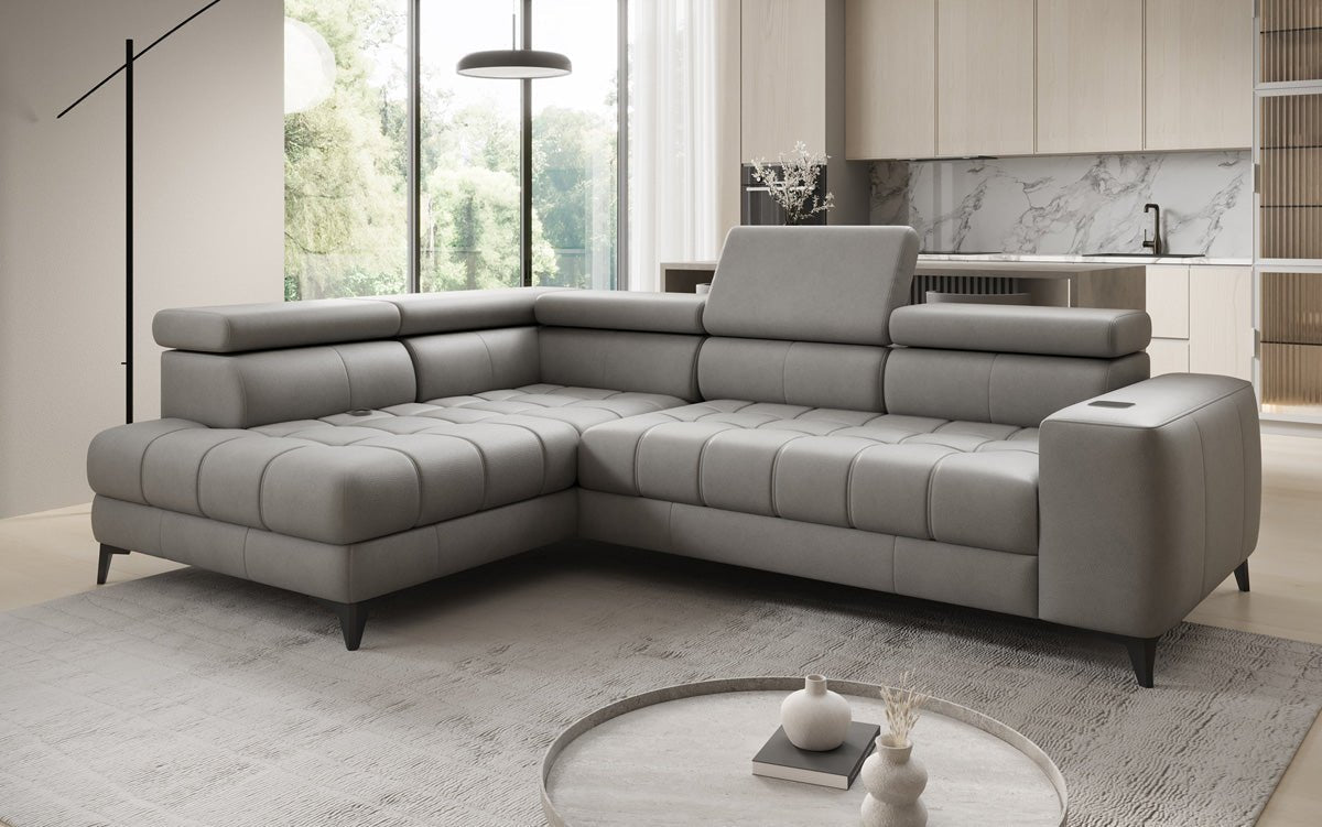 Canapé d'angle Designer L Seluna avec fonction de couchage électrique, induction et rangement en cuir véritable
