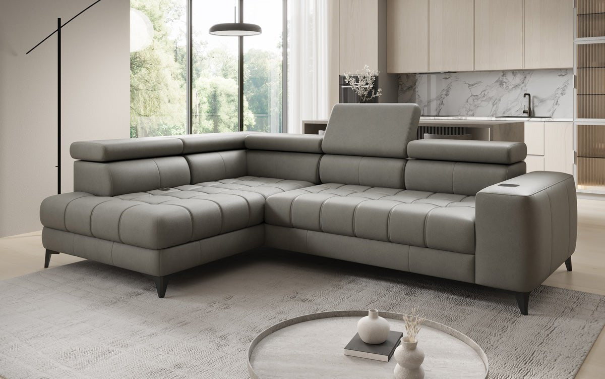 Canapé d'angle Designer L Seluna avec fonction de couchage électrique, induction et rangement en cuir véritable