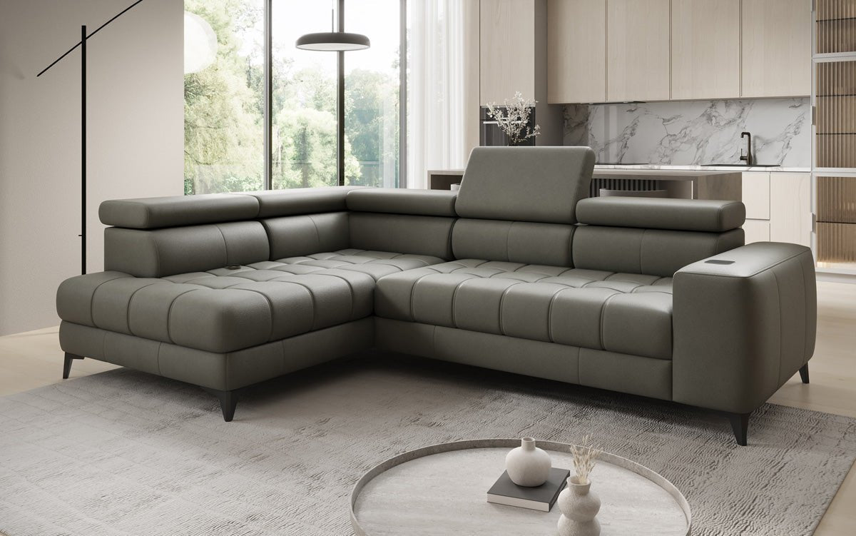 Canapé d'angle Designer L Seluna avec fonction de couchage électrique, induction et rangement en cuir véritable