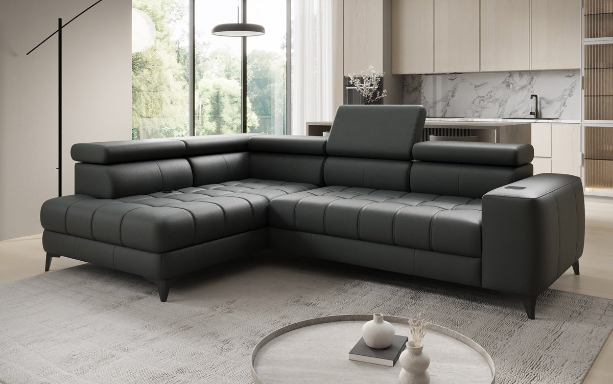 Canapé d'angle Designer L Seluna avec fonction de couchage électrique, induction et rangement en cuir véritable