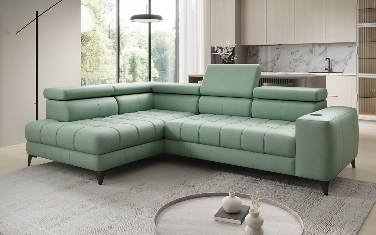 Canapé d'angle Designer L Seluna avec fonction de couchage électrique, induction et rangement en cuir véritable