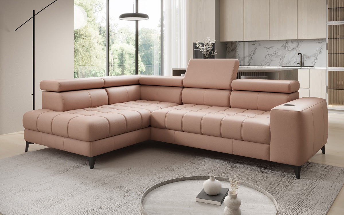 Canapé d'angle Designer L Seluna avec fonction de couchage électrique, induction et rangement en cuir véritable