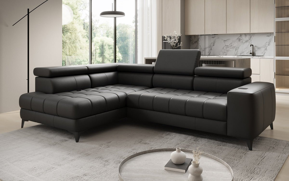 Canapé d'angle Designer L Seluna avec fonction de couchage électrique, induction et rangement en cuir véritable