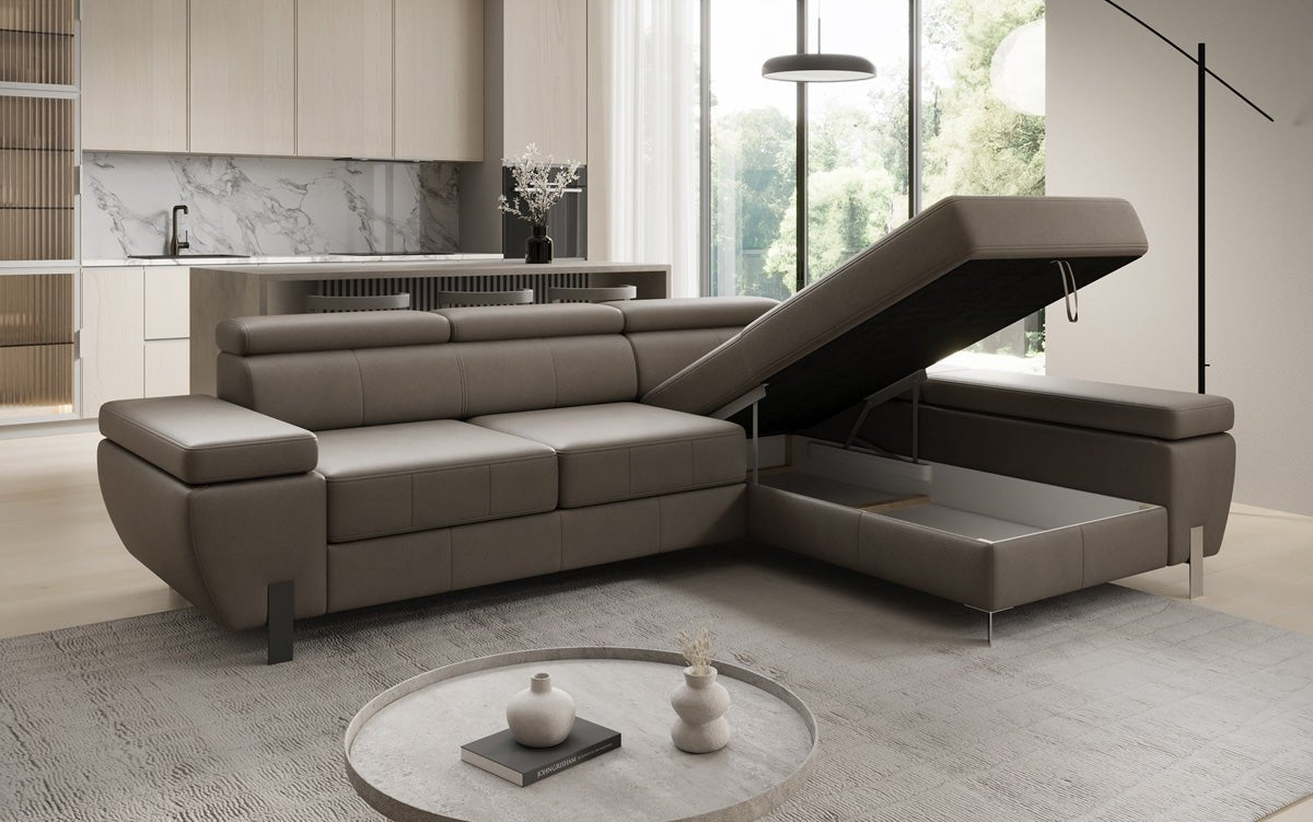 Canapé d'angle L Calista avec fonction couchage et rangement en cuir véritable