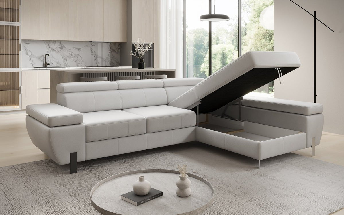 Canapé d'angle L Calista avec fonction couchage et rangement en cuir véritable