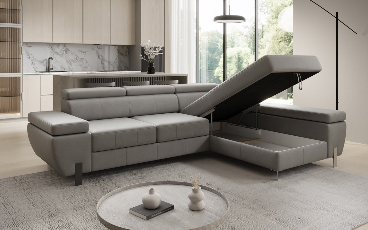 Canapé d'angle L Calista avec fonction couchage et rangement en cuir véritable