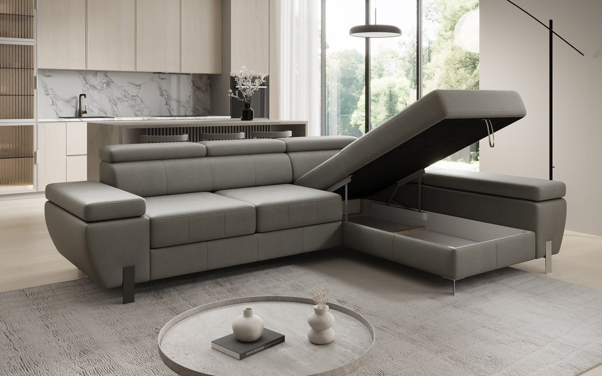 Canapé d'angle L Calista avec fonction couchage et rangement en cuir véritable