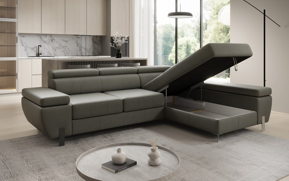 Canapé d'angle L Calista avec fonction couchage et rangement en cuir véritable