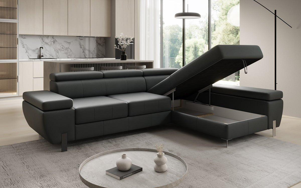 Canapé d'angle L Calista avec fonction couchage et rangement en cuir véritable