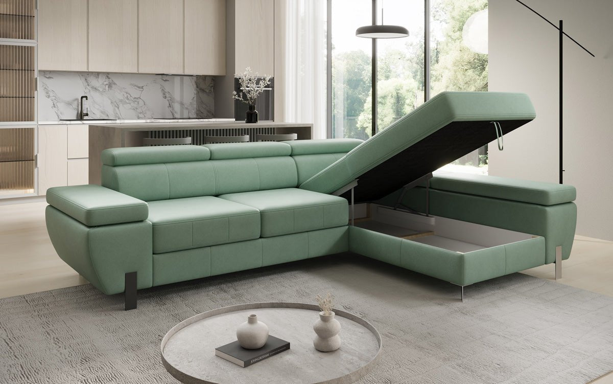 Canapé d'angle L Calista avec fonction couchage et rangement en cuir véritable