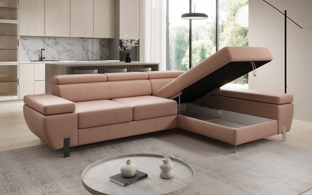 Canapé d'angle L Calista avec fonction couchage et rangement en cuir véritable
