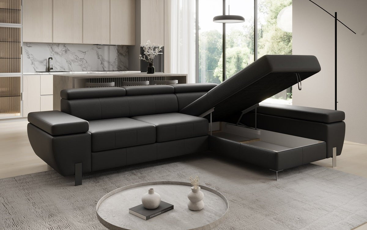 Canapé d'angle L Calista avec fonction couchage et rangement en cuir véritable