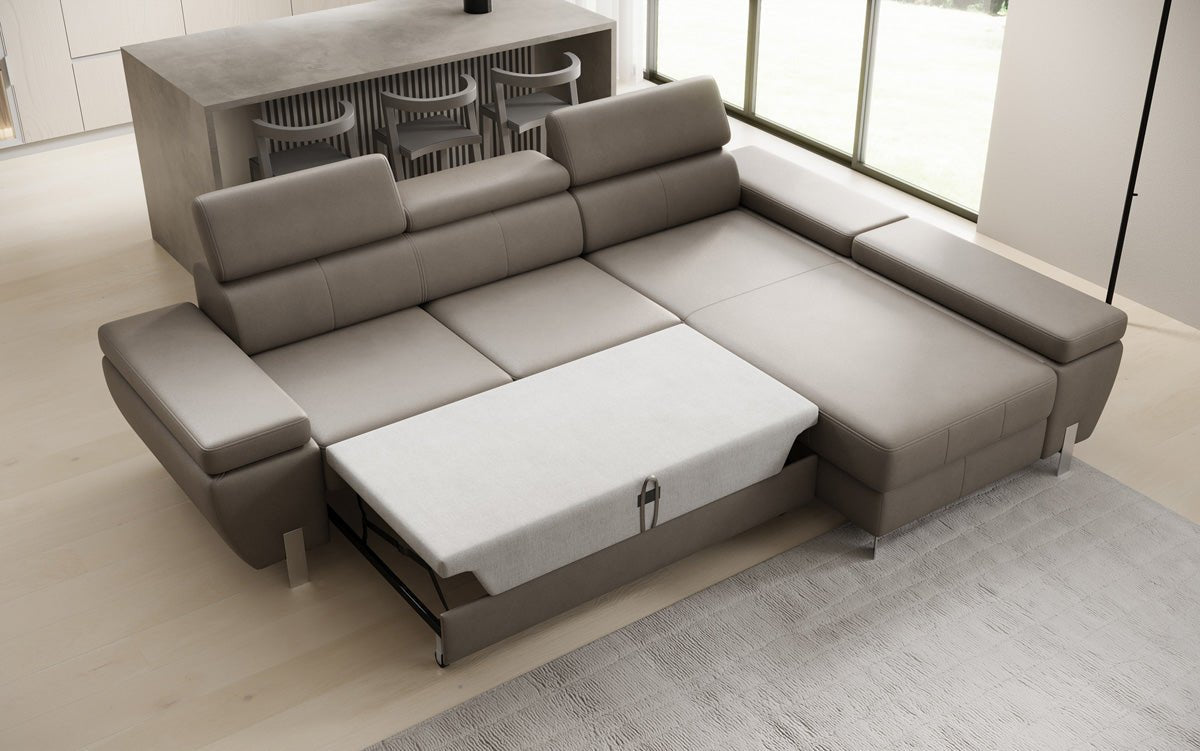 Canapé d'angle L Calista avec fonction couchage et rangement en cuir véritable