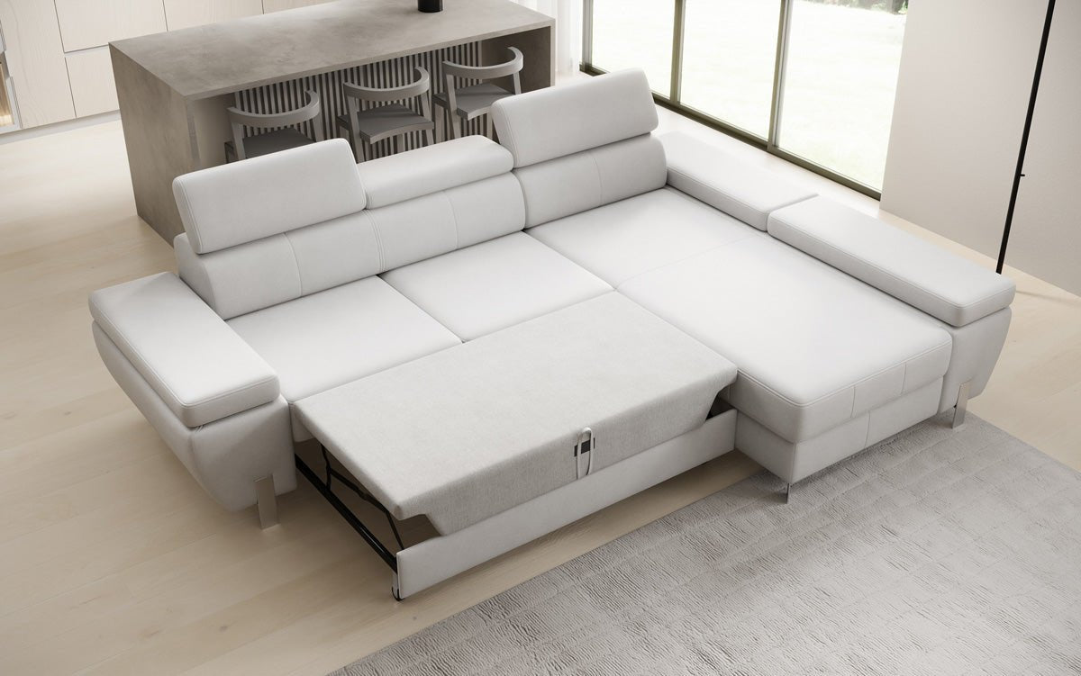 Canapé d'angle L Calista avec fonction couchage et rangement en cuir véritable