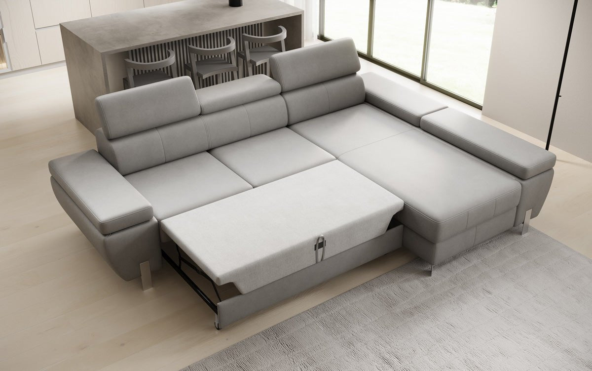 Canapé d'angle L Calista avec fonction couchage et rangement en cuir véritable