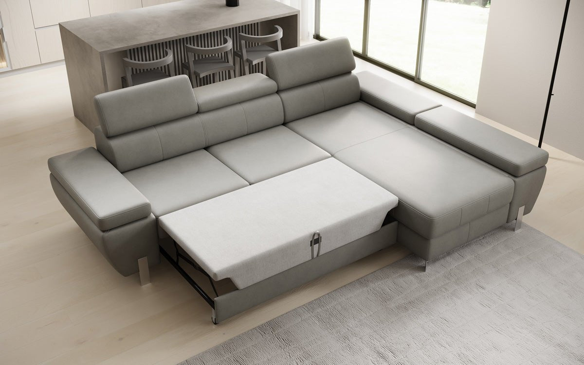 Canapé d'angle L Calista avec fonction couchage et rangement en cuir véritable