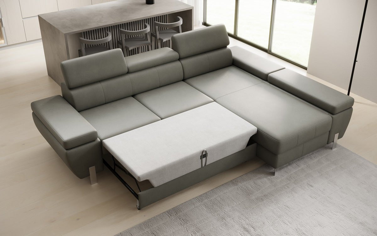 Canapé d'angle L Calista avec fonction couchage et rangement en cuir véritable