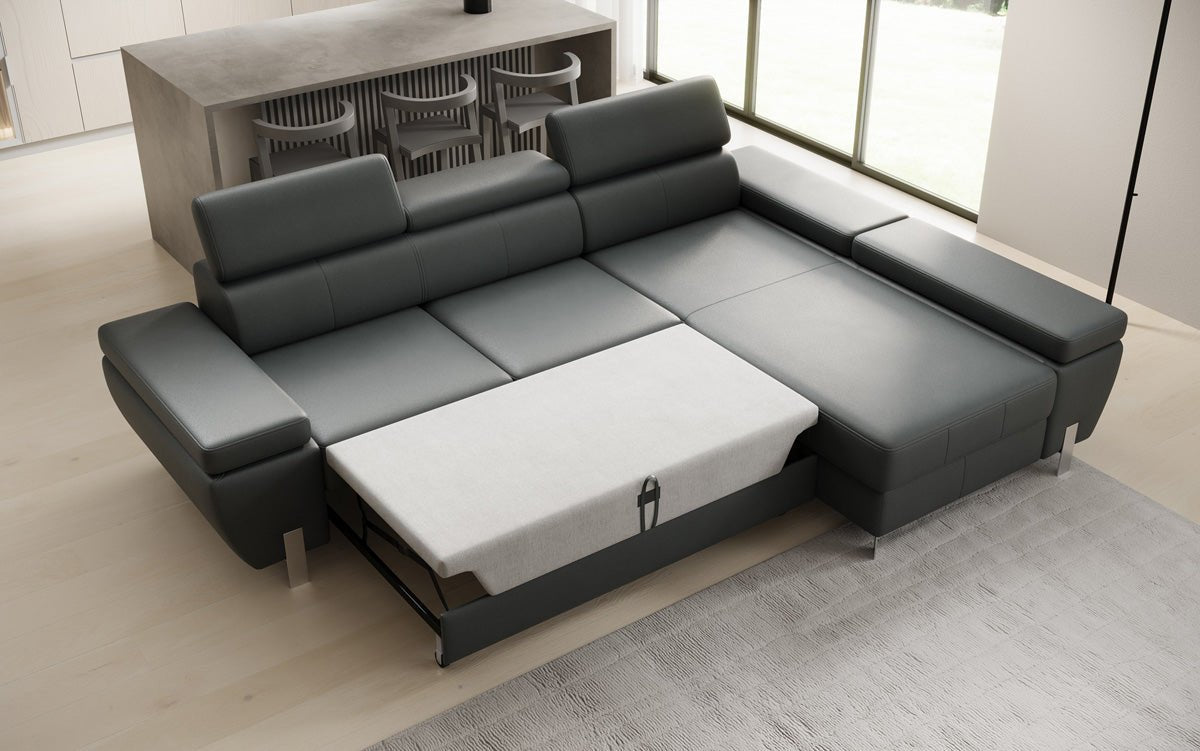 Canapé d'angle L Calista avec fonction couchage et rangement en cuir véritable