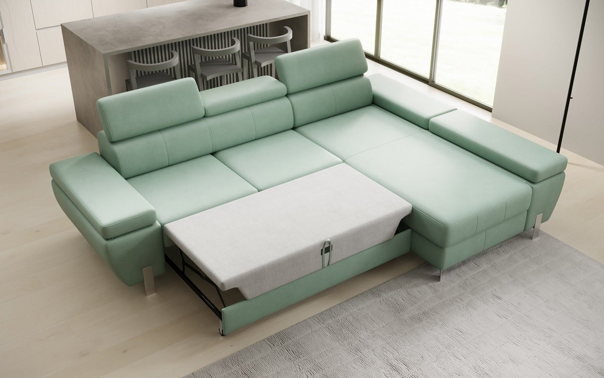 Canapé d'angle L Calista avec fonction couchage et rangement en cuir véritable