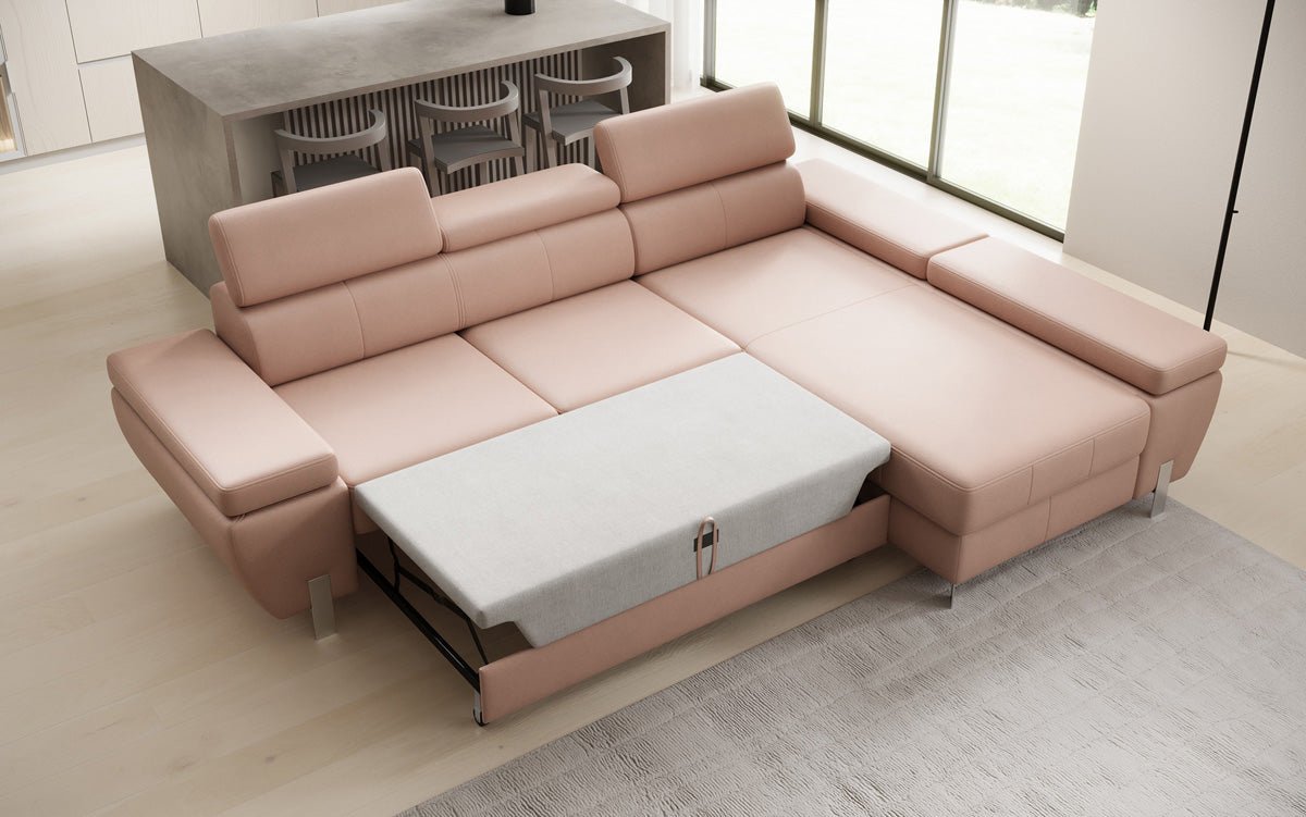 Canapé d'angle L Calista avec fonction couchage et rangement en cuir véritable