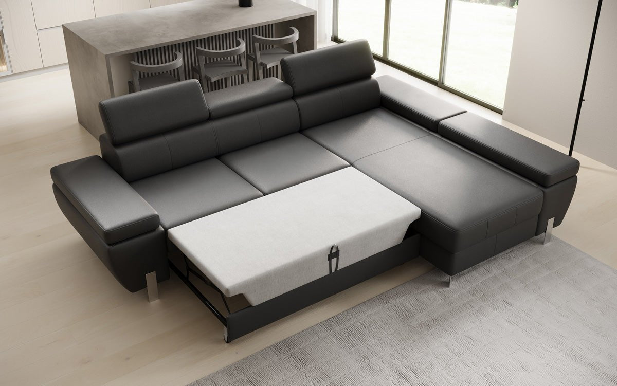 Canapé d'angle L Calista avec fonction couchage et rangement en cuir véritable