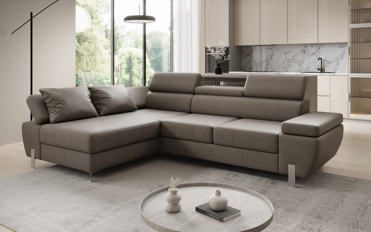 Canapé d'angle L Calista avec fonction couchage et rangement en cuir véritable