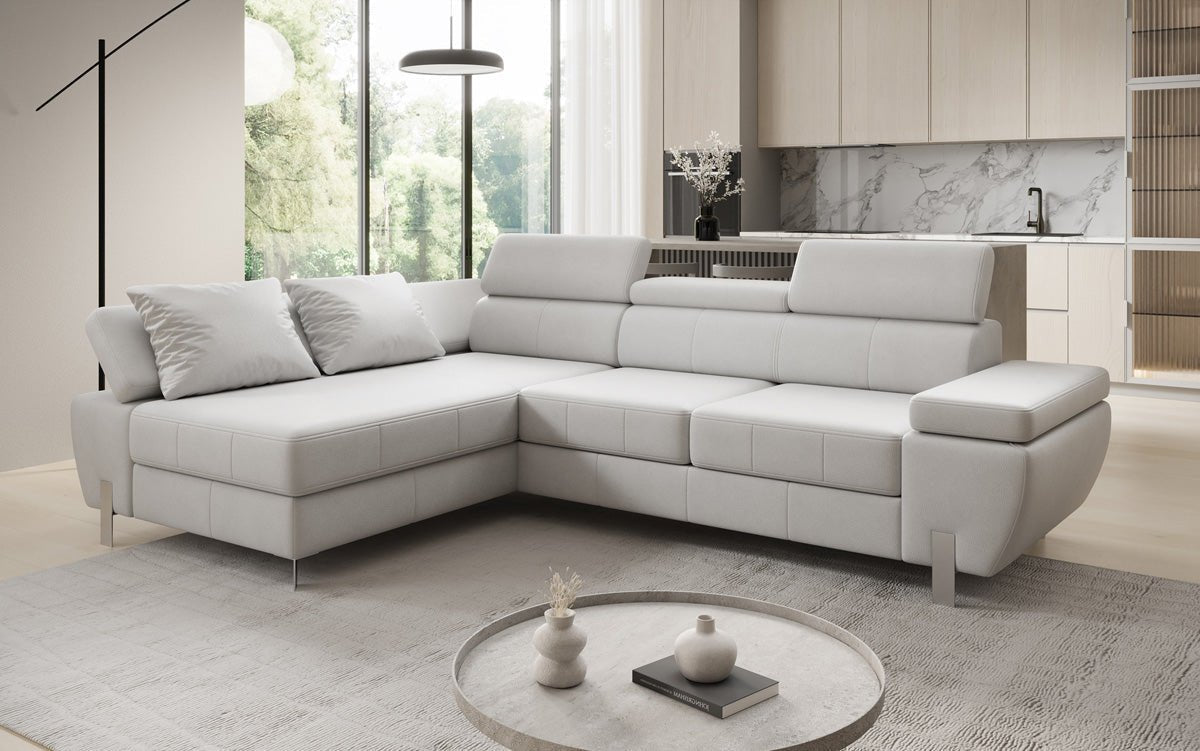 Canapé d'angle L Calista avec fonction couchage et rangement en cuir véritable