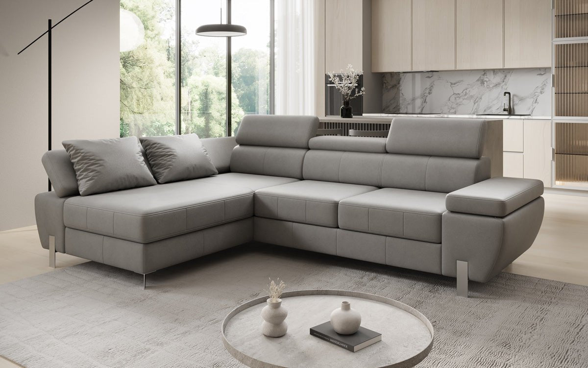 Canapé d'angle L Calista avec fonction couchage et rangement en cuir véritable