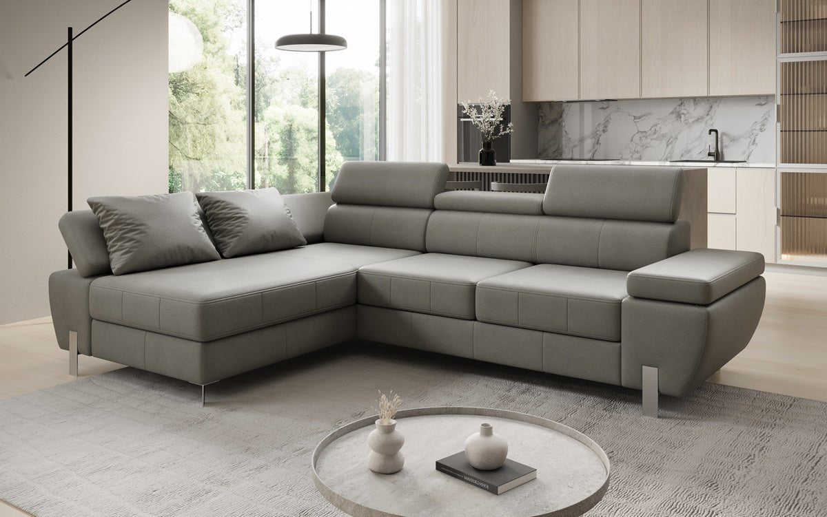 Canapé d'angle L Calista avec fonction couchage et rangement en cuir véritable