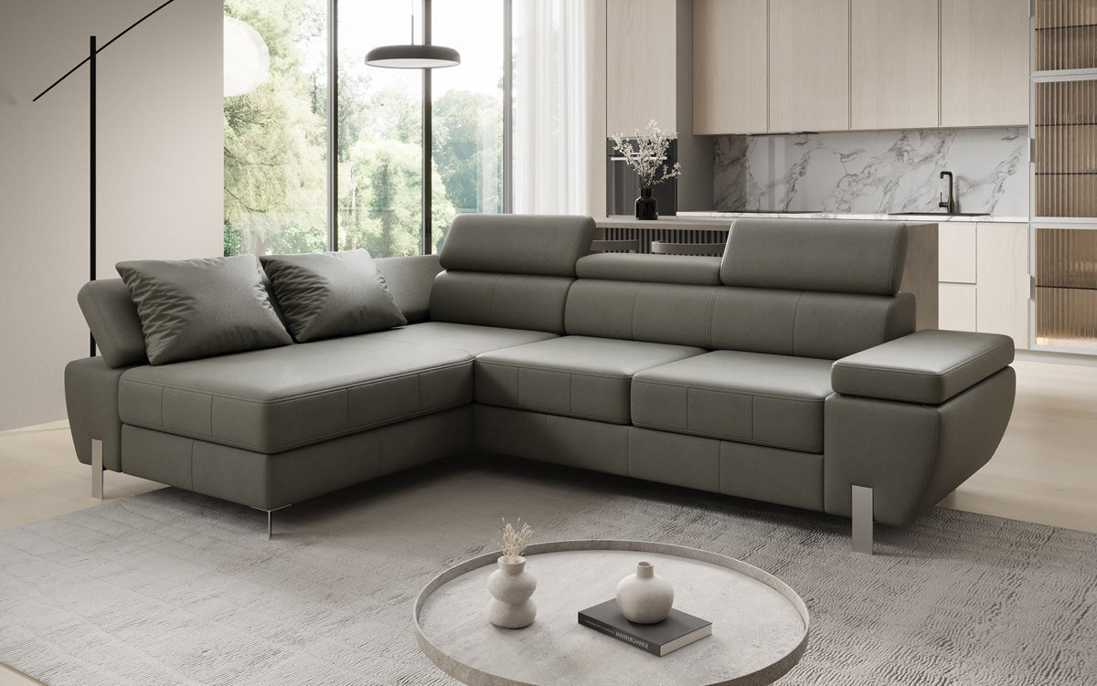 Canapé d'angle L Calista avec fonction couchage et rangement en cuir véritable