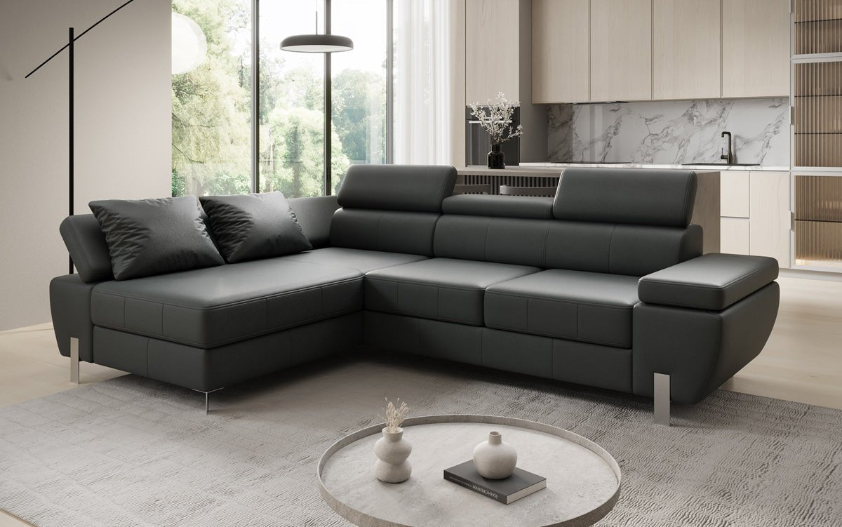 Canapé d'angle L Calista avec fonction couchage et rangement en cuir véritable