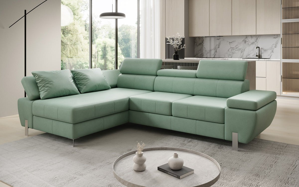 Canapé d'angle L Calista avec fonction couchage et rangement en cuir véritable