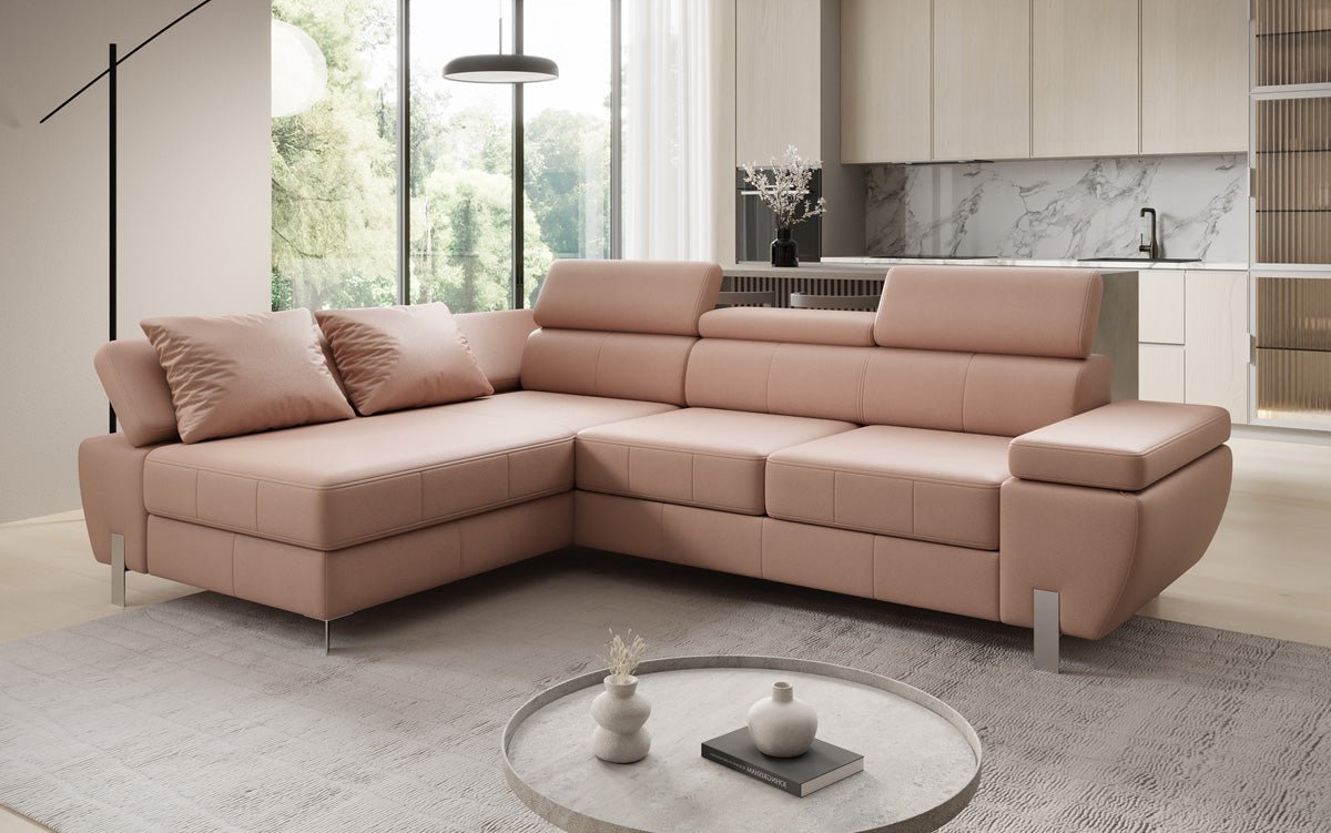 Canapé d'angle L Calista avec fonction couchage et rangement en cuir véritable