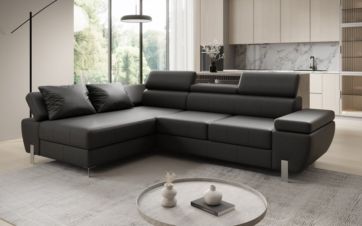 Canapé d'angle L Calista avec fonction couchage et rangement en cuir véritable