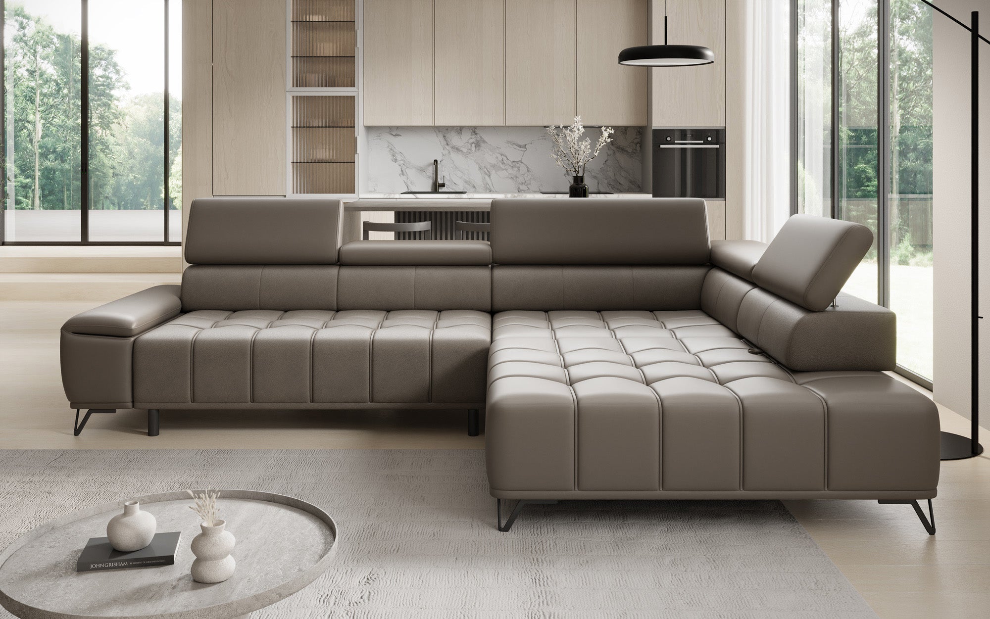 Canapé d'angle Designer Selora avec fonction lit électrique et dossier réglable en cuir véritable