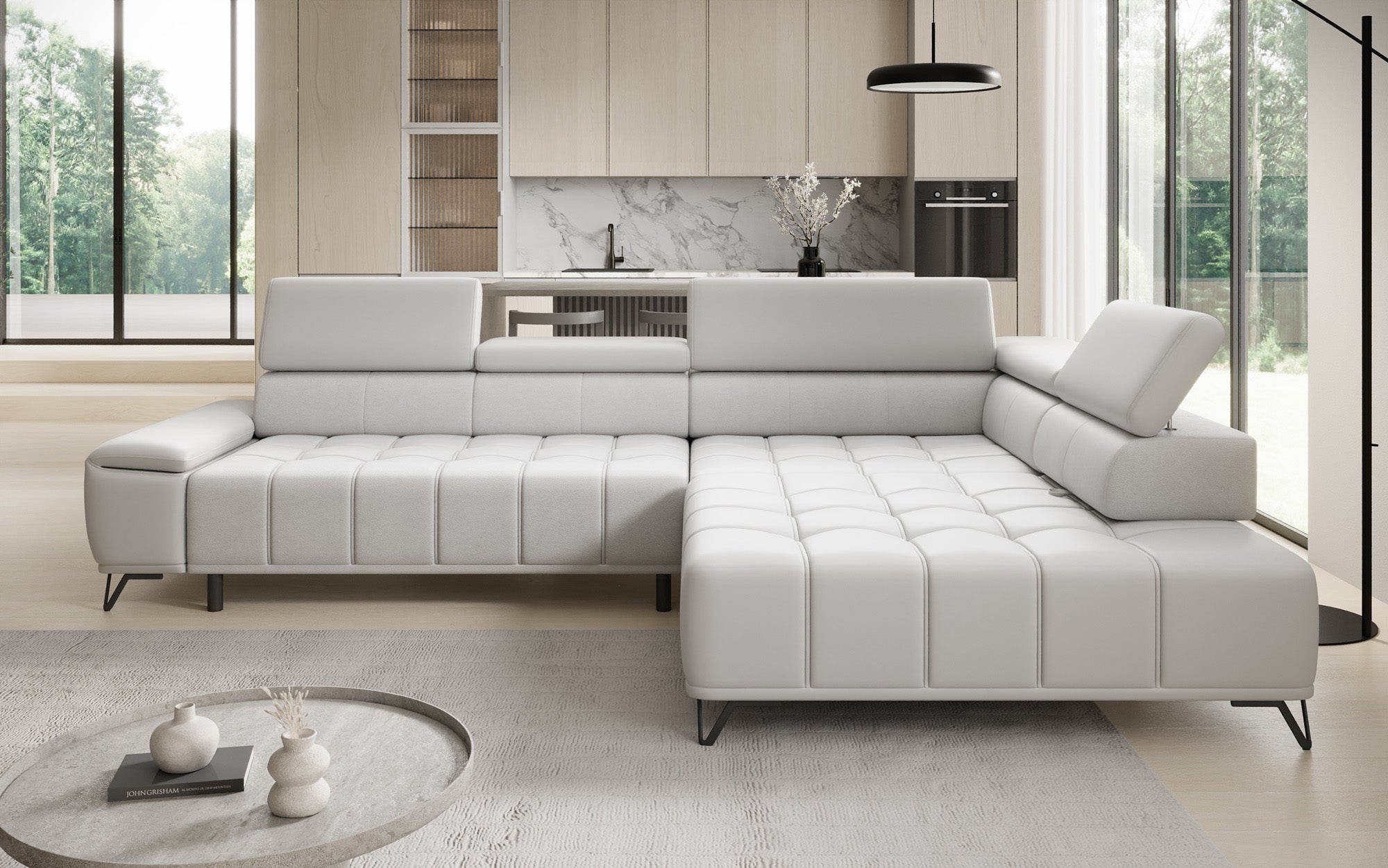 Canapé d'angle Designer Selora avec fonction lit électrique et dossier réglable en cuir véritable
