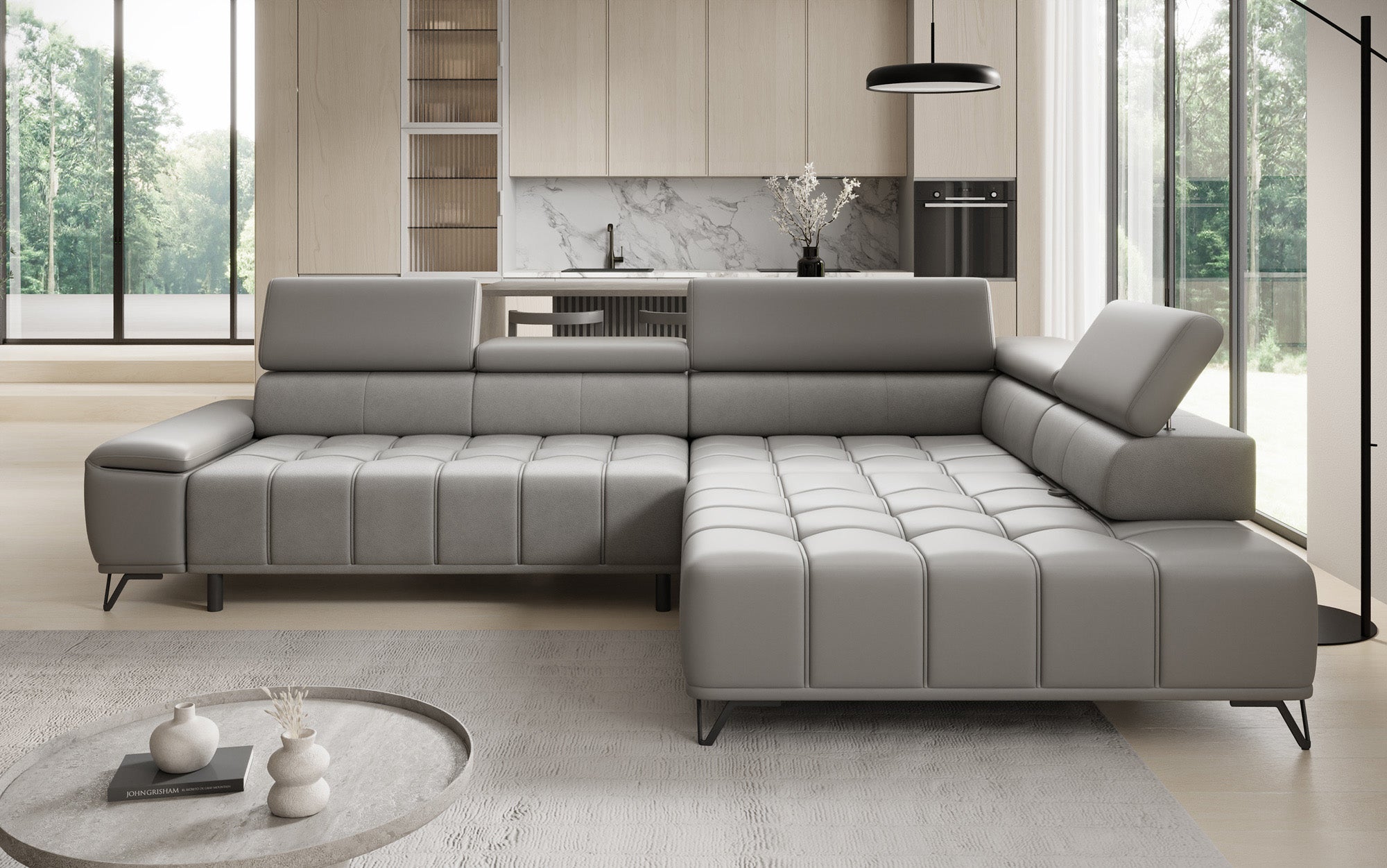 Canapé d'angle Designer Selora avec fonction lit électrique et dossier réglable en cuir véritable