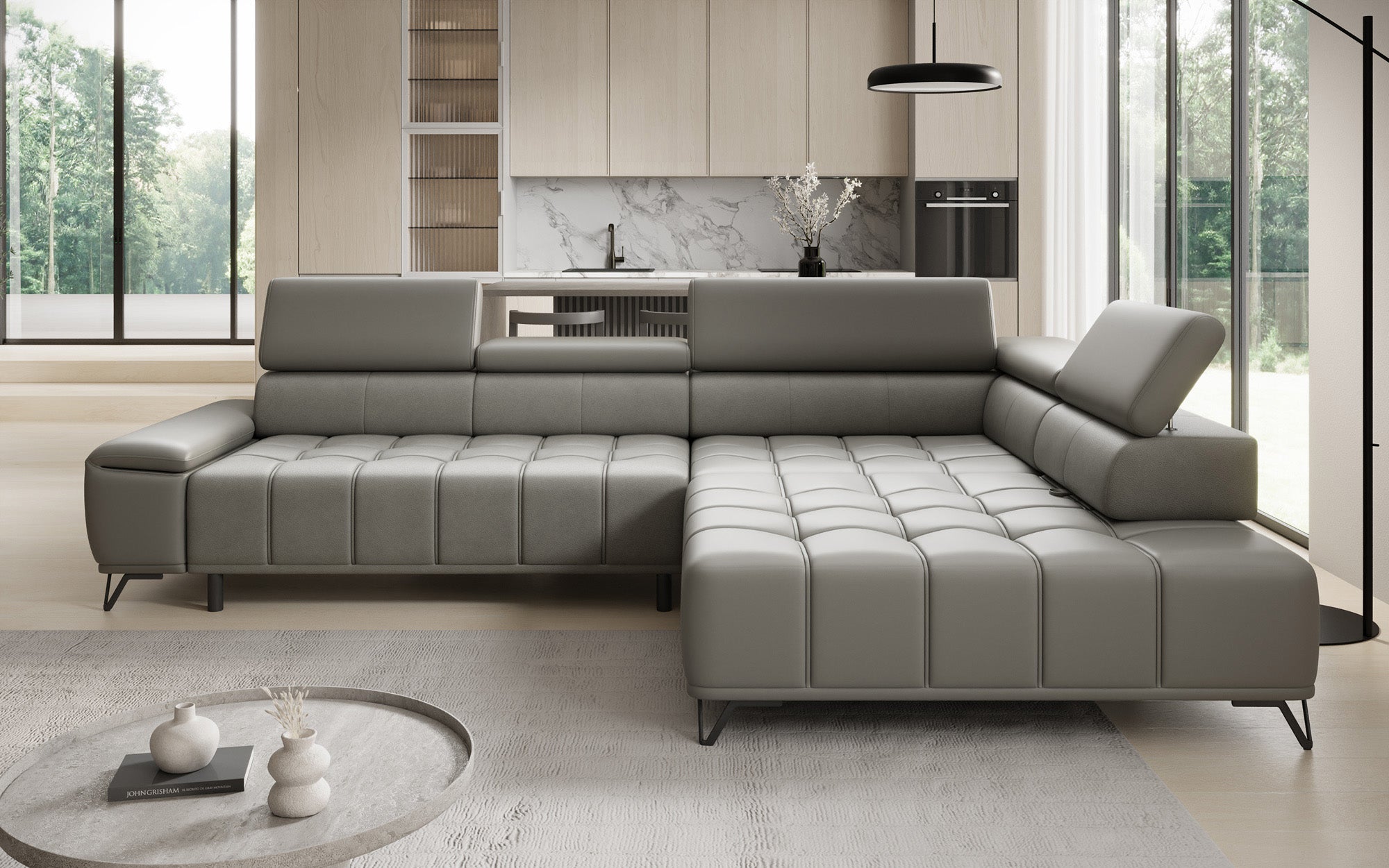 Canapé d'angle Designer Selora avec fonction lit électrique et dossier réglable en cuir véritable