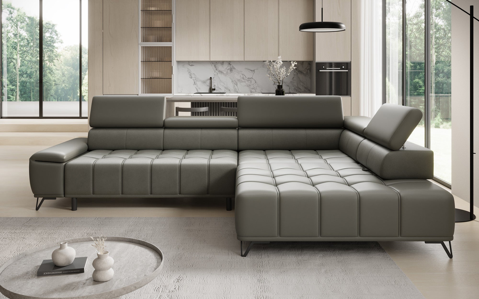 Canapé d'angle Designer Selora avec fonction lit électrique et dossier réglable en cuir véritable